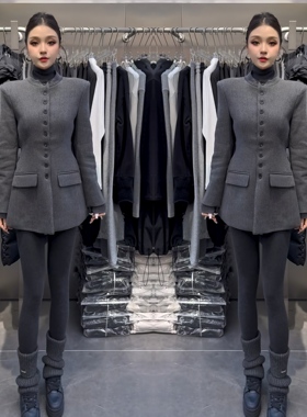 法式轻奢2025冬季网红爆款正肩灰色香风显瘦优雅礼服高定外套穿搭