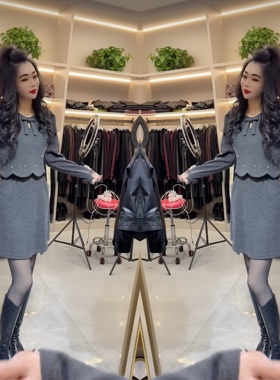 赫本风2025冬季灰色时髦长袖礼服优雅高贵重工假两件设计感连衣裙