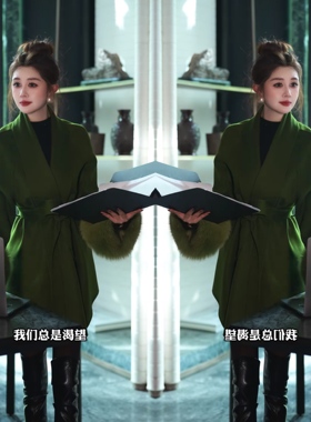 网红冬季2025系带绿色定制毛毛袖口轻奢垂感净版优雅淑女风衣外套