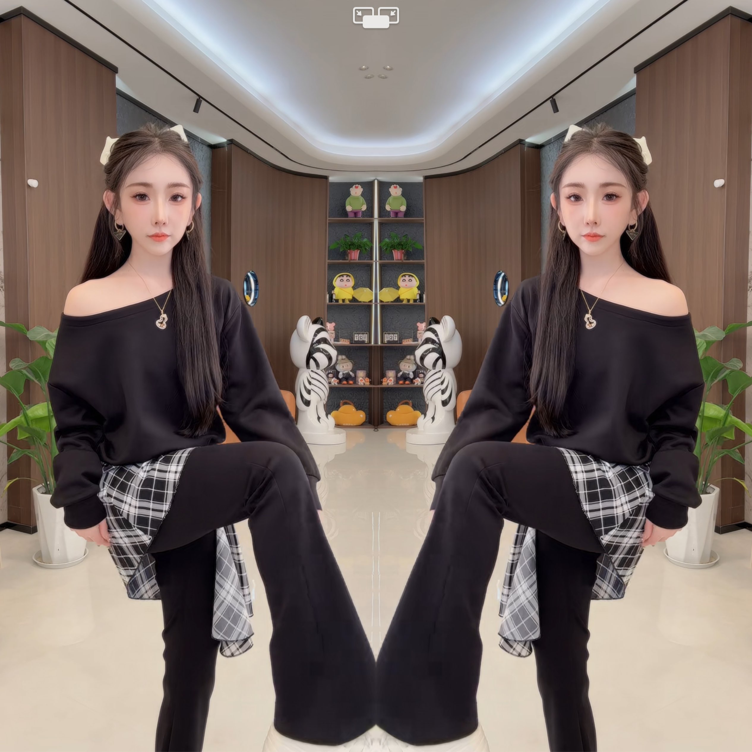 斜肩上衣搭配高腰格子屁帘裤子