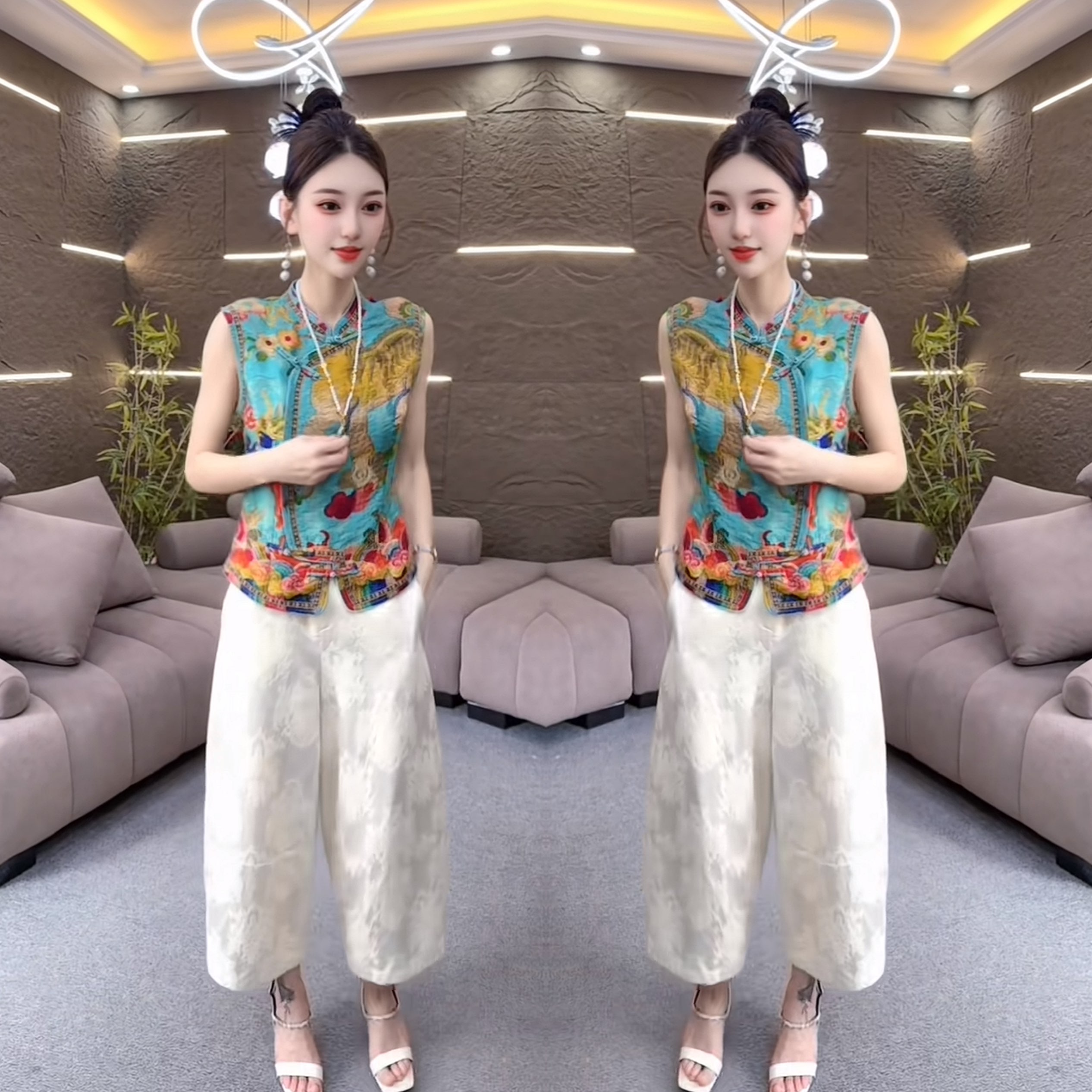 女装两件套上衣搭配高腰阔腿裤子