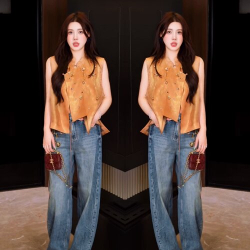 宽松轻薄百搭盘扣斜襟马甲女