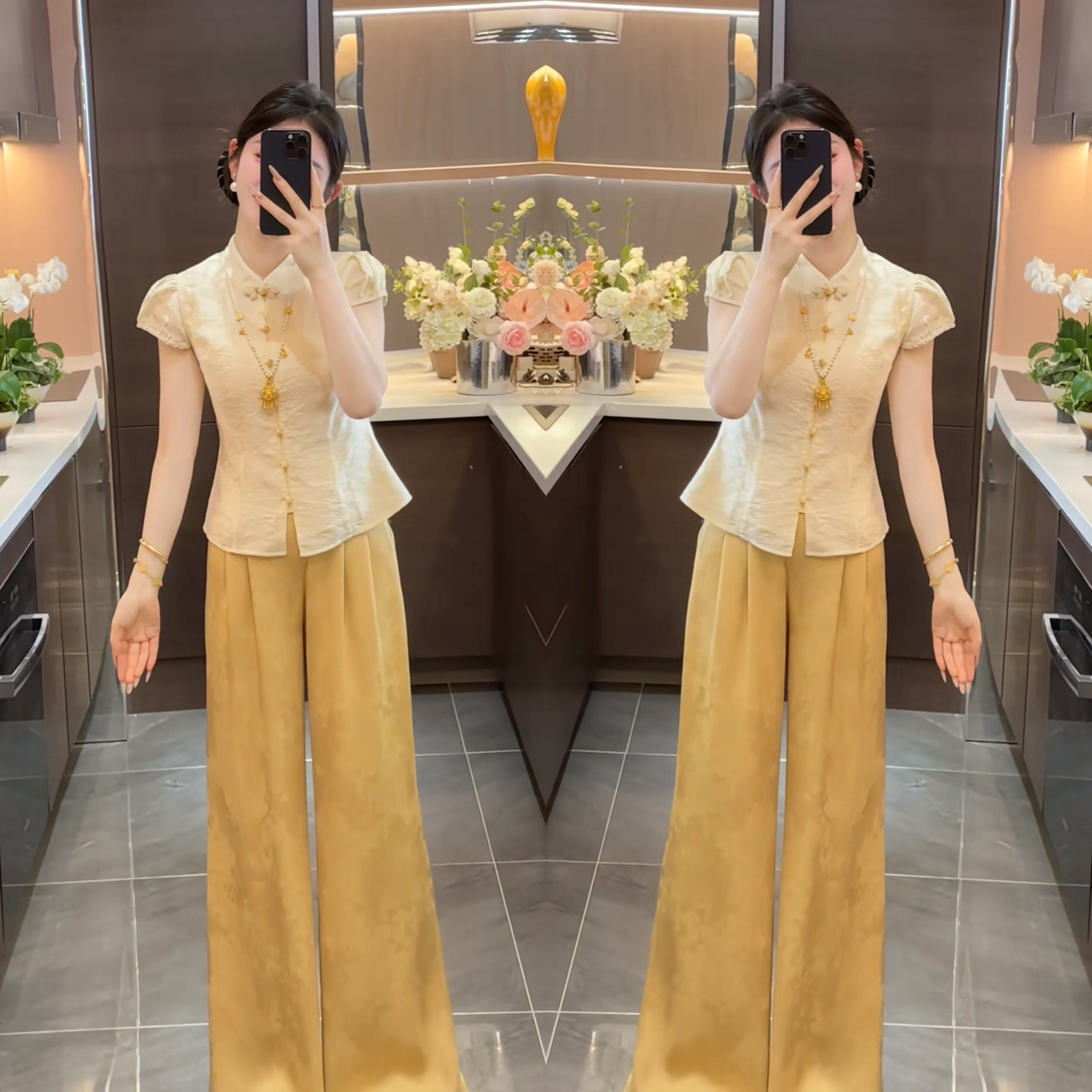 黄色女装修身两件套上衣搭阔腿裤