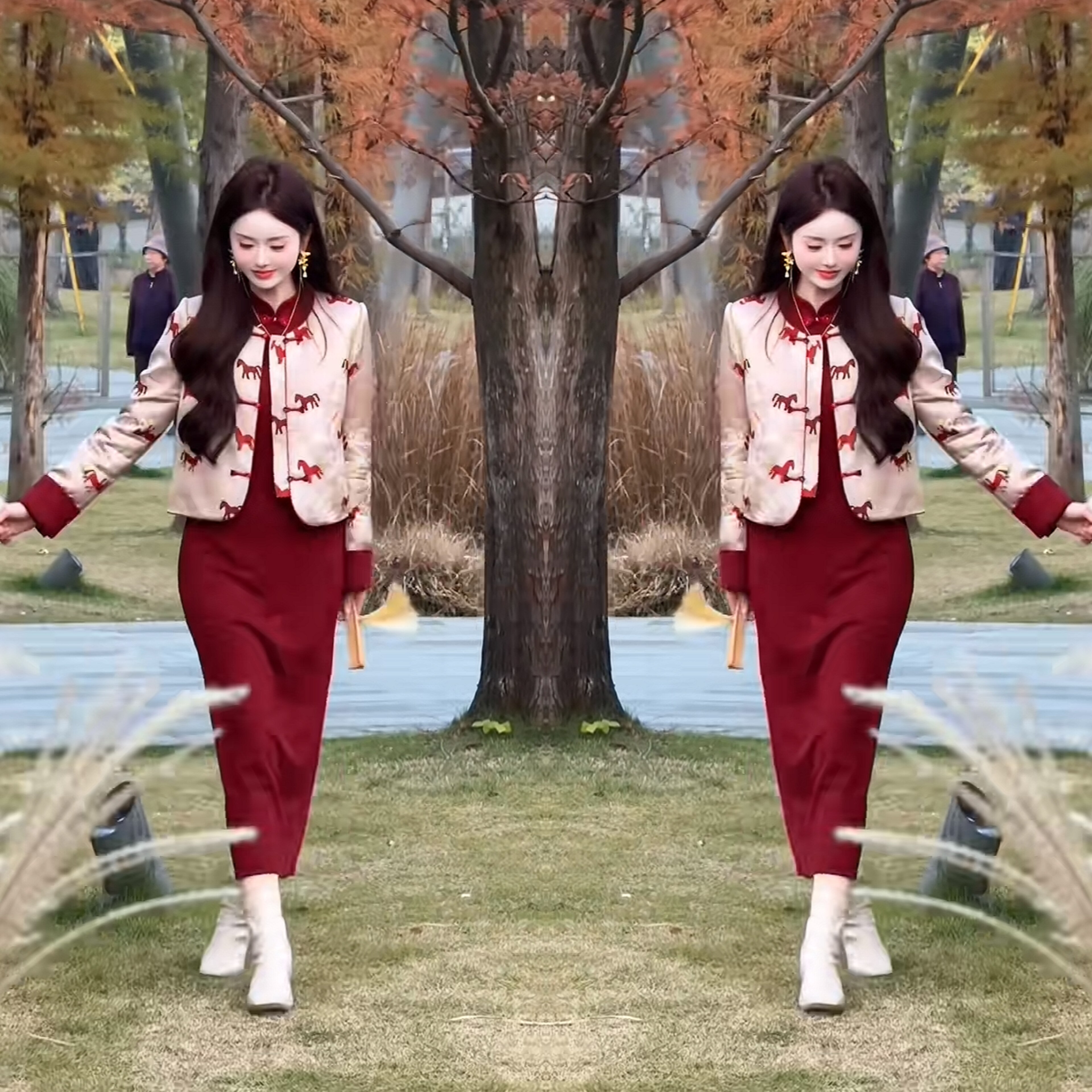 正肩短款棉服外套搭配红连衣裙