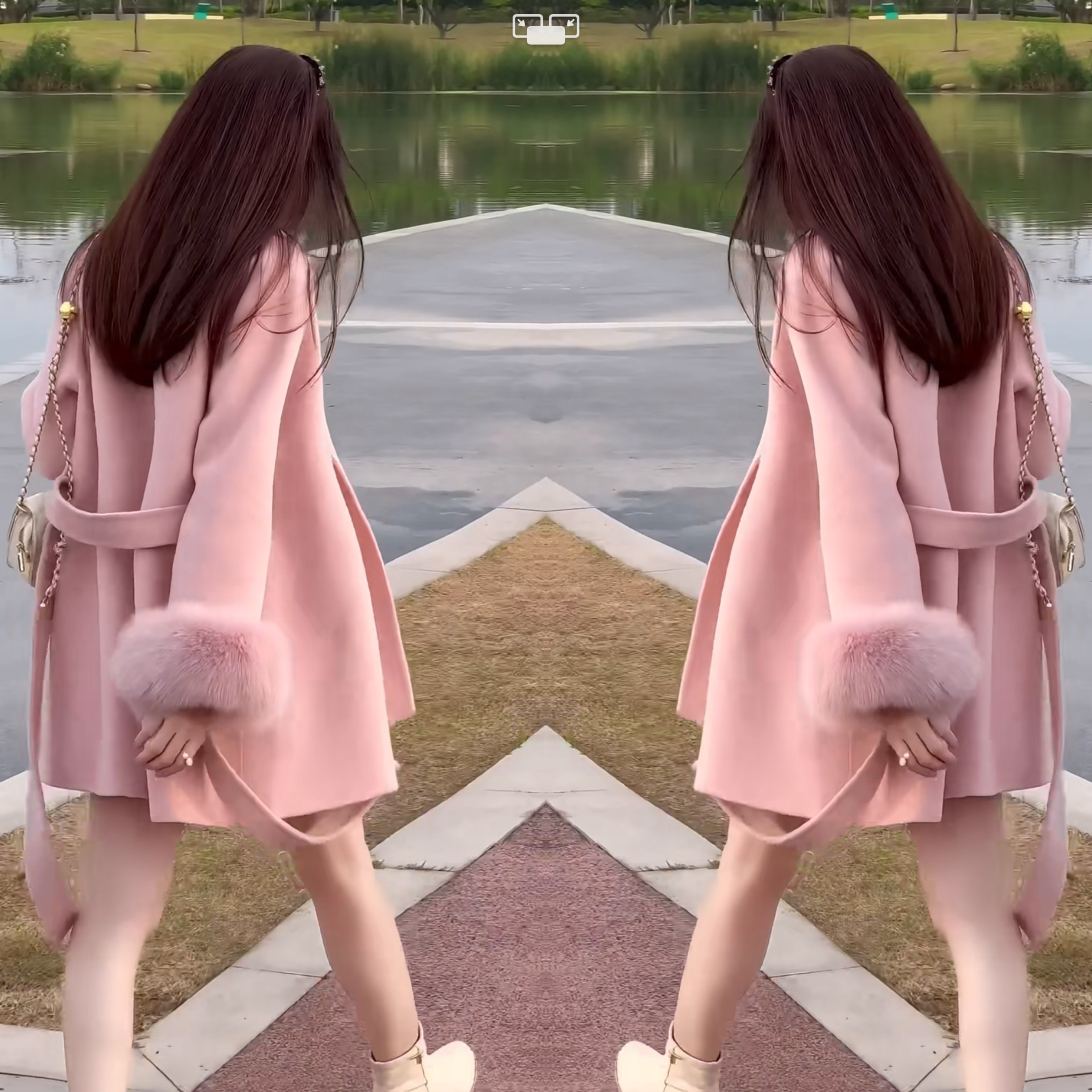 高级感女神范轻奢气质粉色温柔减龄收腰毛呢百搭宽松毛毛袖子外套