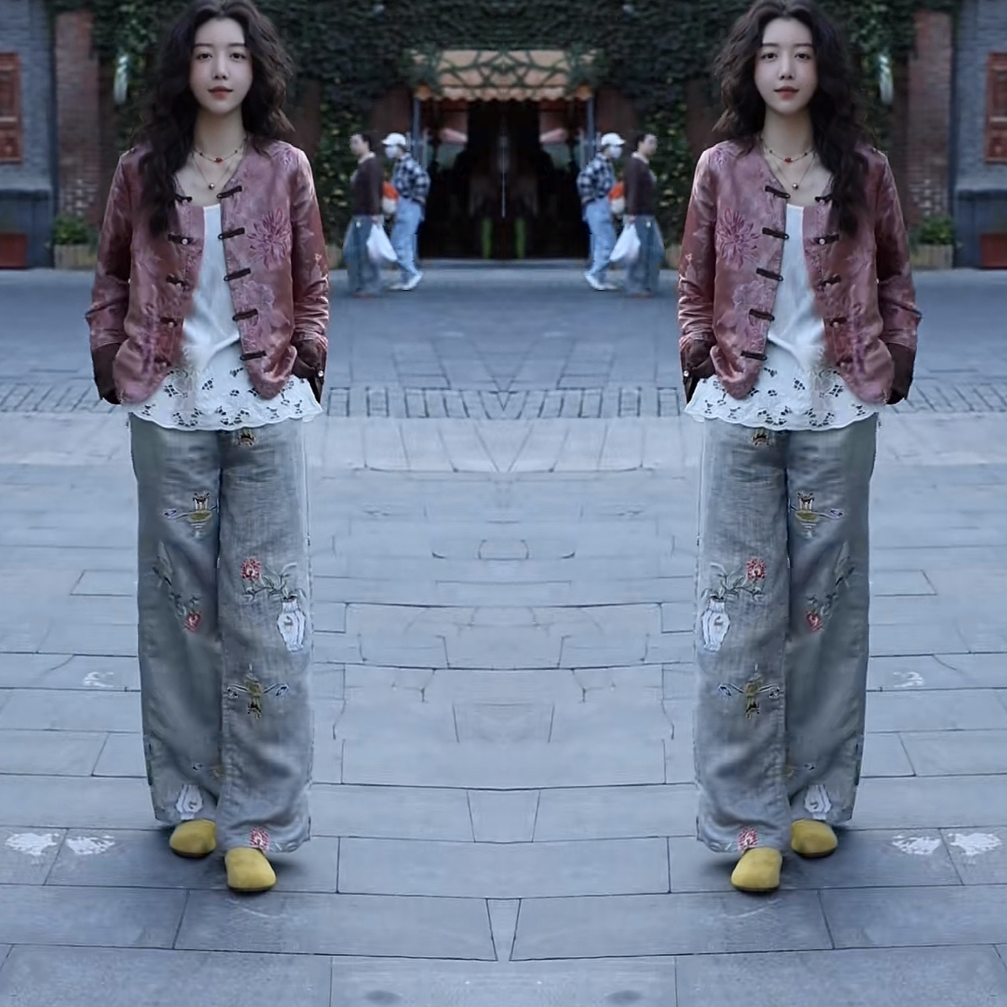 减龄外套搭配高腰牛仔直筒裤女装