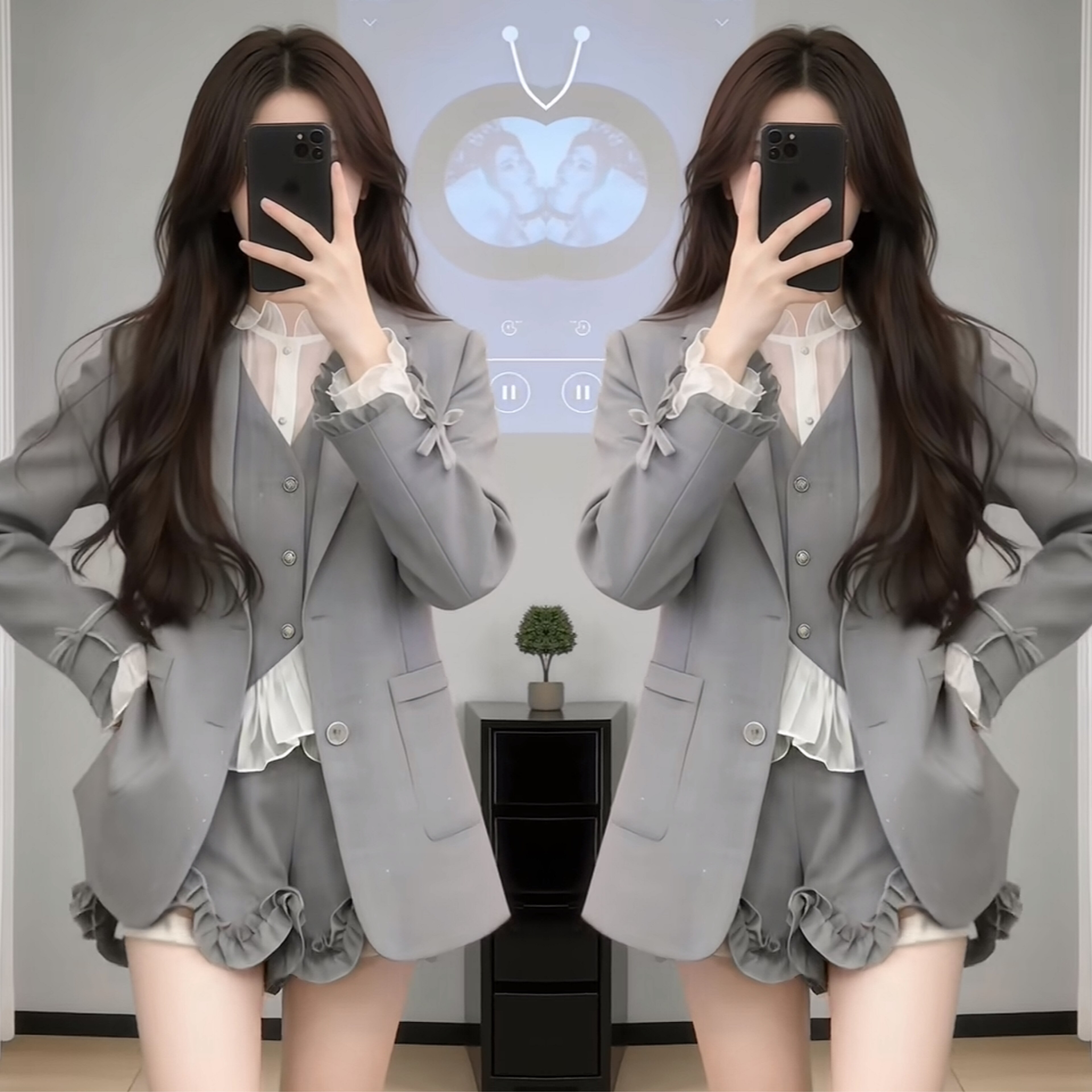 2026春季韩系潮流西服翻领开衫马甲白色花边设计感打底花苞短裤女