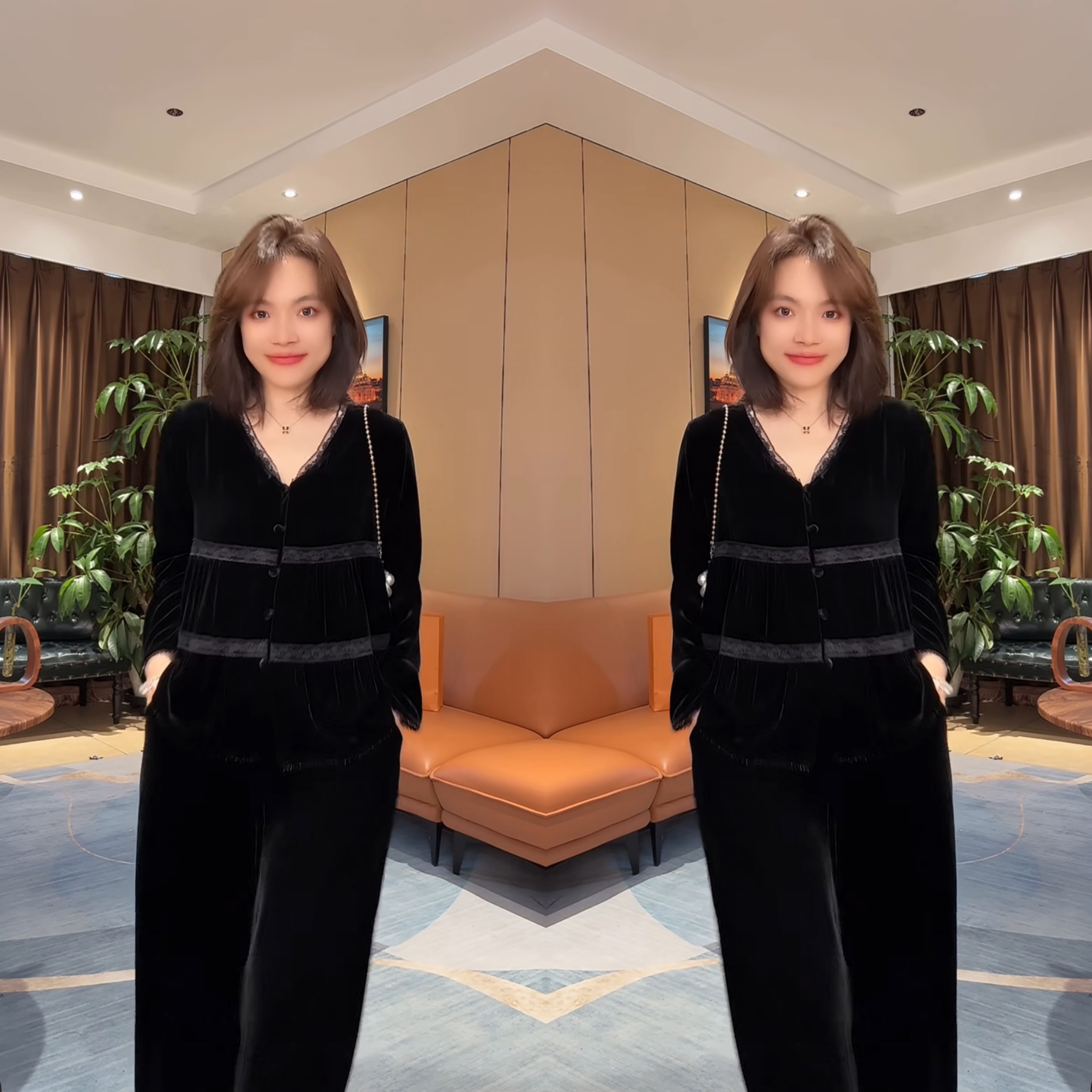 丝绒蕾丝边休闲两件套上衣裤子