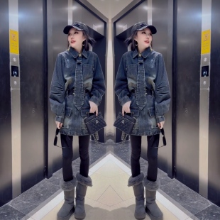 搭配短裙两件套休闲风 炸街牛仔翻领衬衫 美式 洋气轻奢干练网红爆款