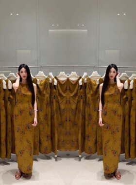 抖音炸街爆款时尚显瘦复古优雅韵味印花无袖长款黄色女神范连衣裙