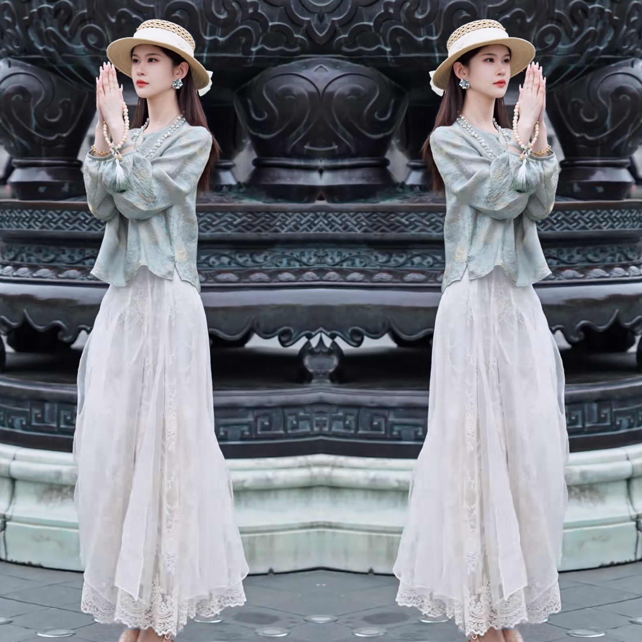 网红爆款夏季新款时髦气质新中式复古优雅提花上衣搭配高腰半身裙