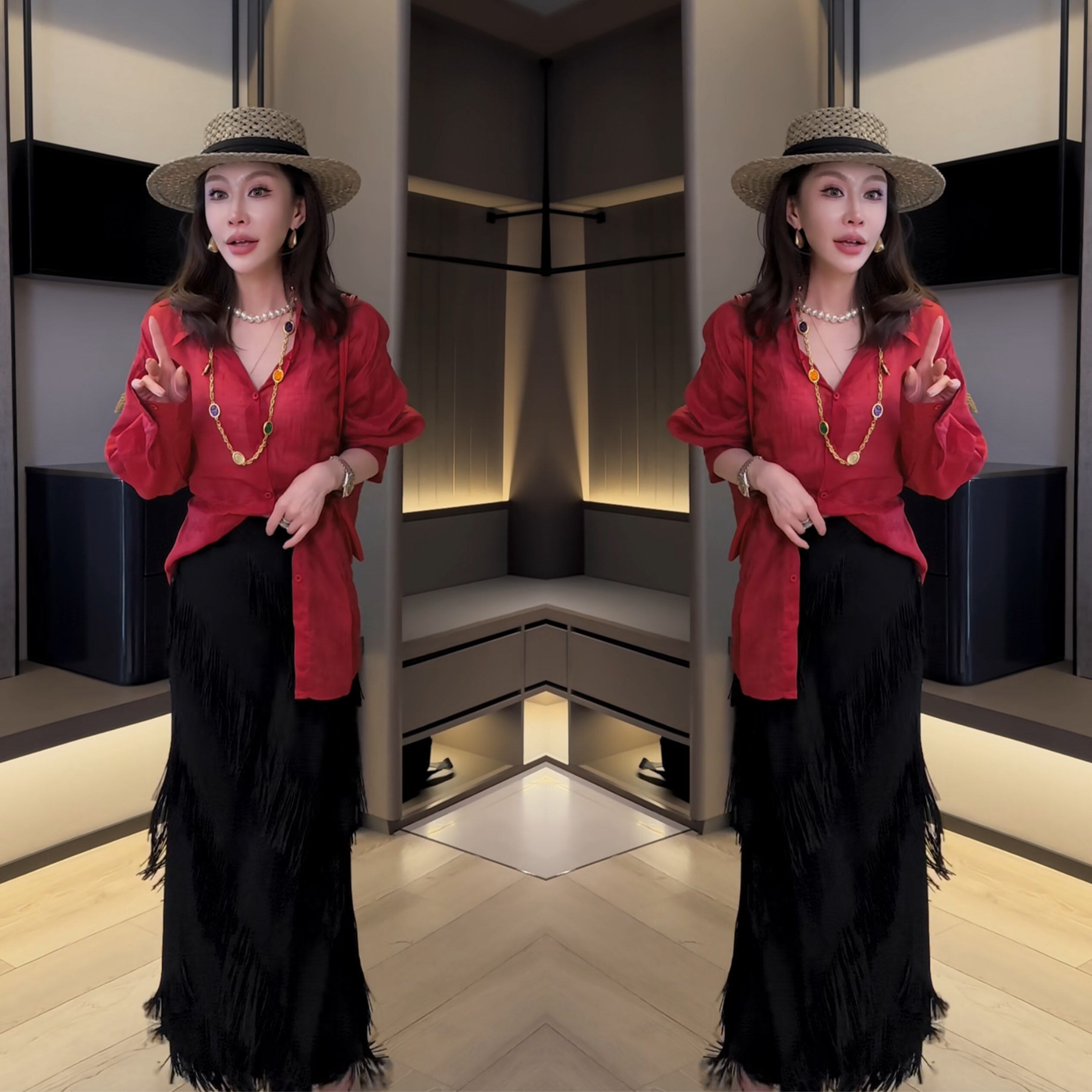 网红爆款夏季新款女神范洋气防晒简约红色衬衫上衣搭配黑色半身裙