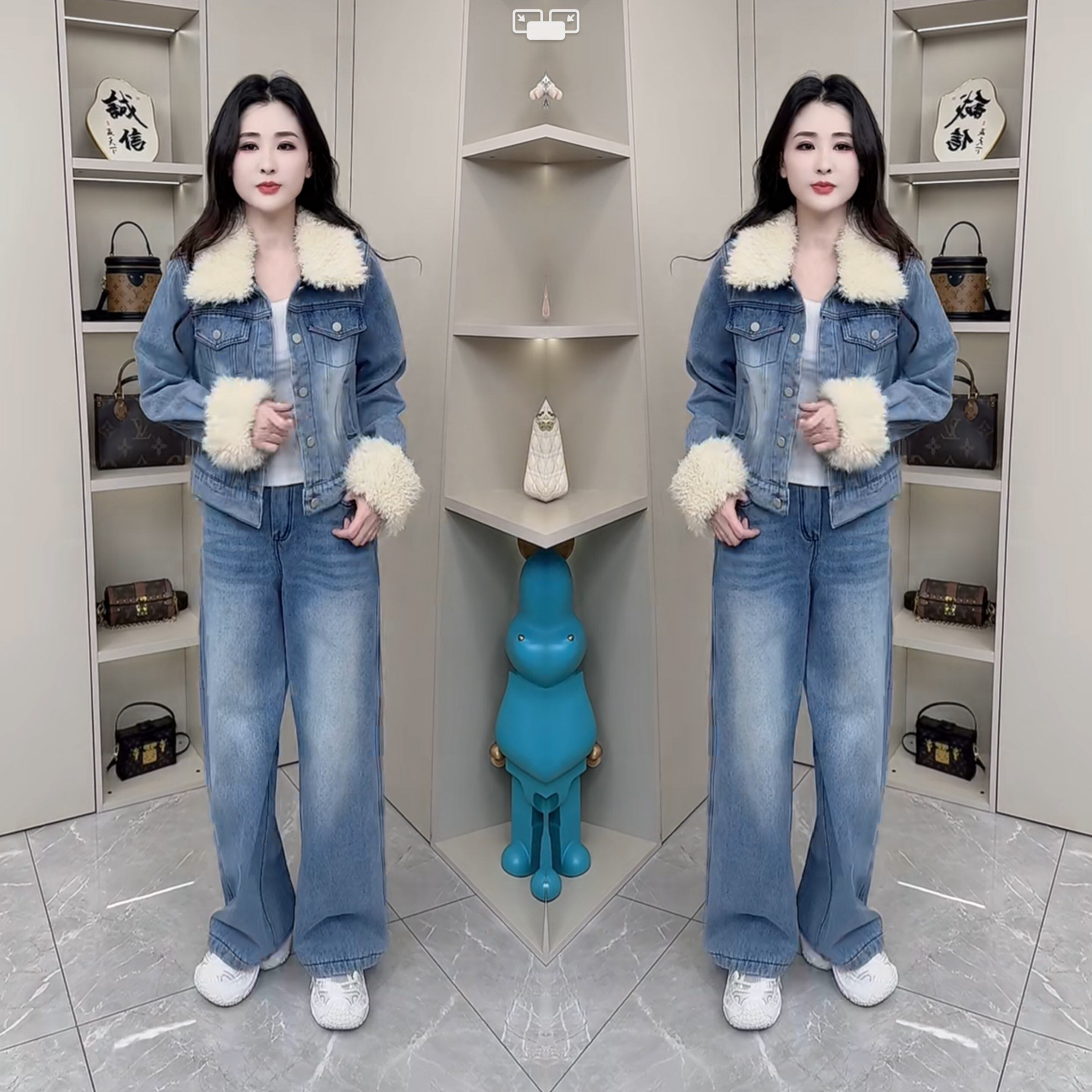 女牛仔韩版拼接毛毛两件外套裤子