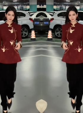 网红冬季爆款红色长袖旗袍勾花设计感上衣搭配高腰黑色垂感直筒裤