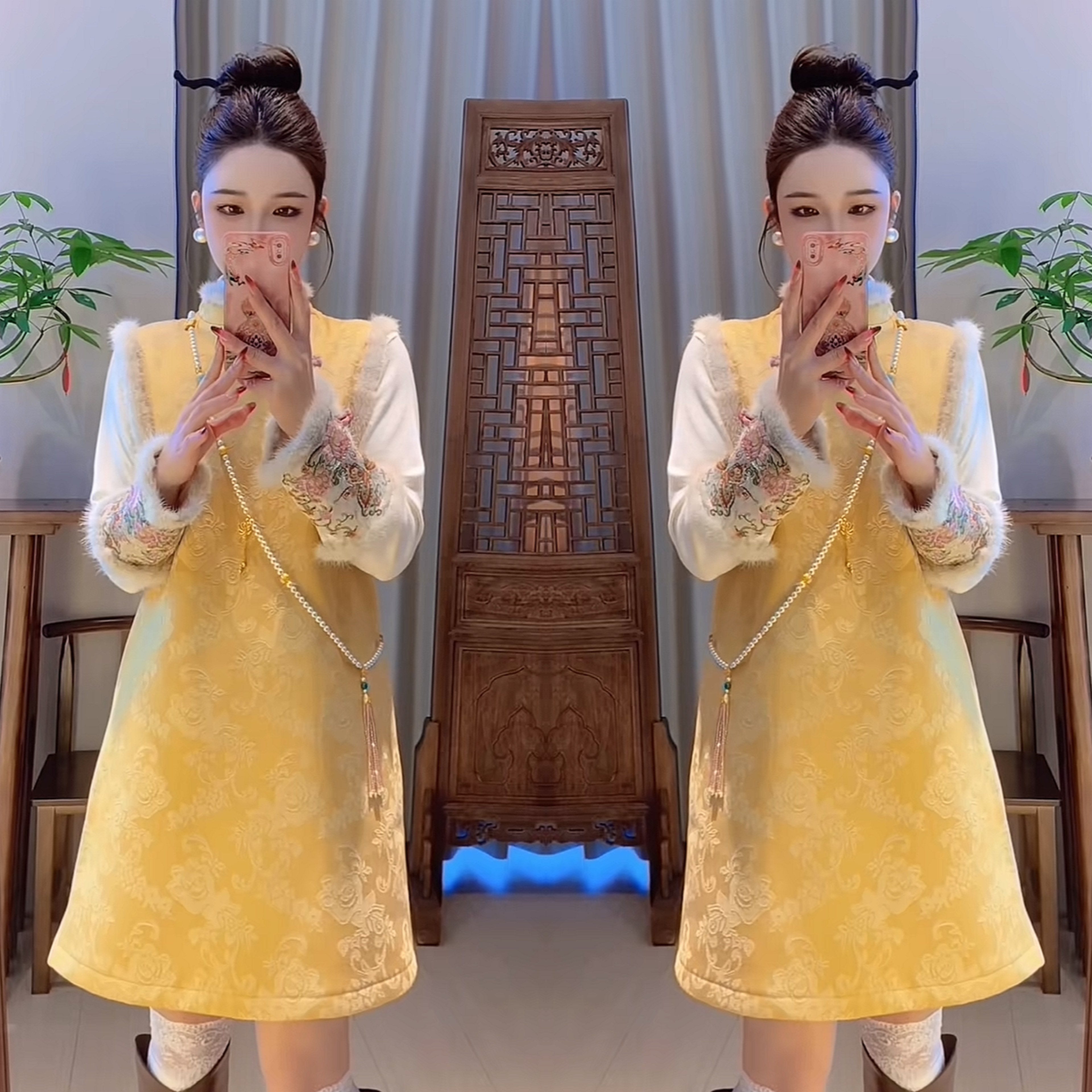 网红冬季2025黄色清晰气质靓丽可爱俏皮旗袍连衣裙搭配白色打底衫