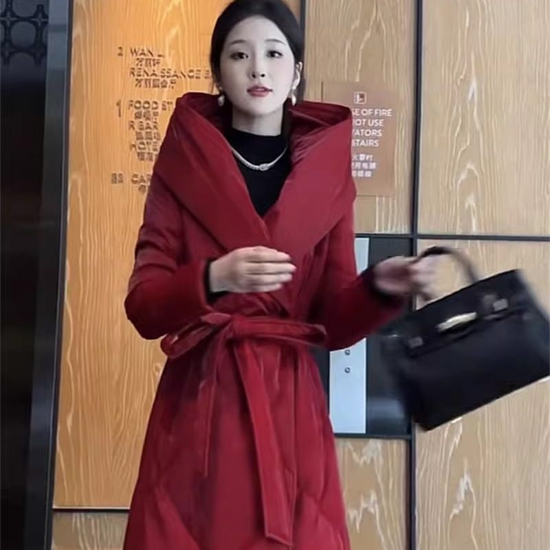 长款遮肉净版收腰系带棉服