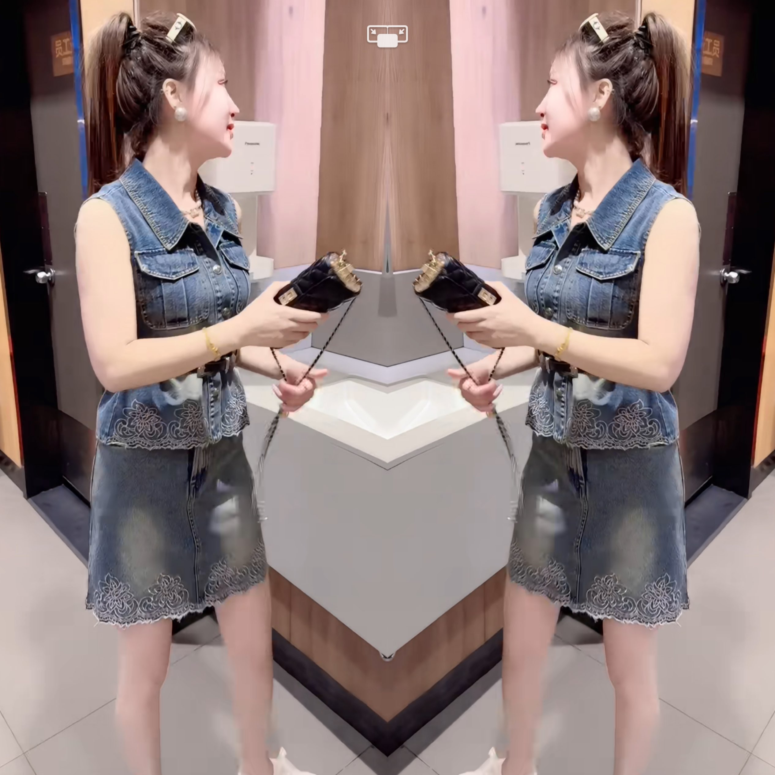 轻奢无袖修身刺绣两件套马甲短裙