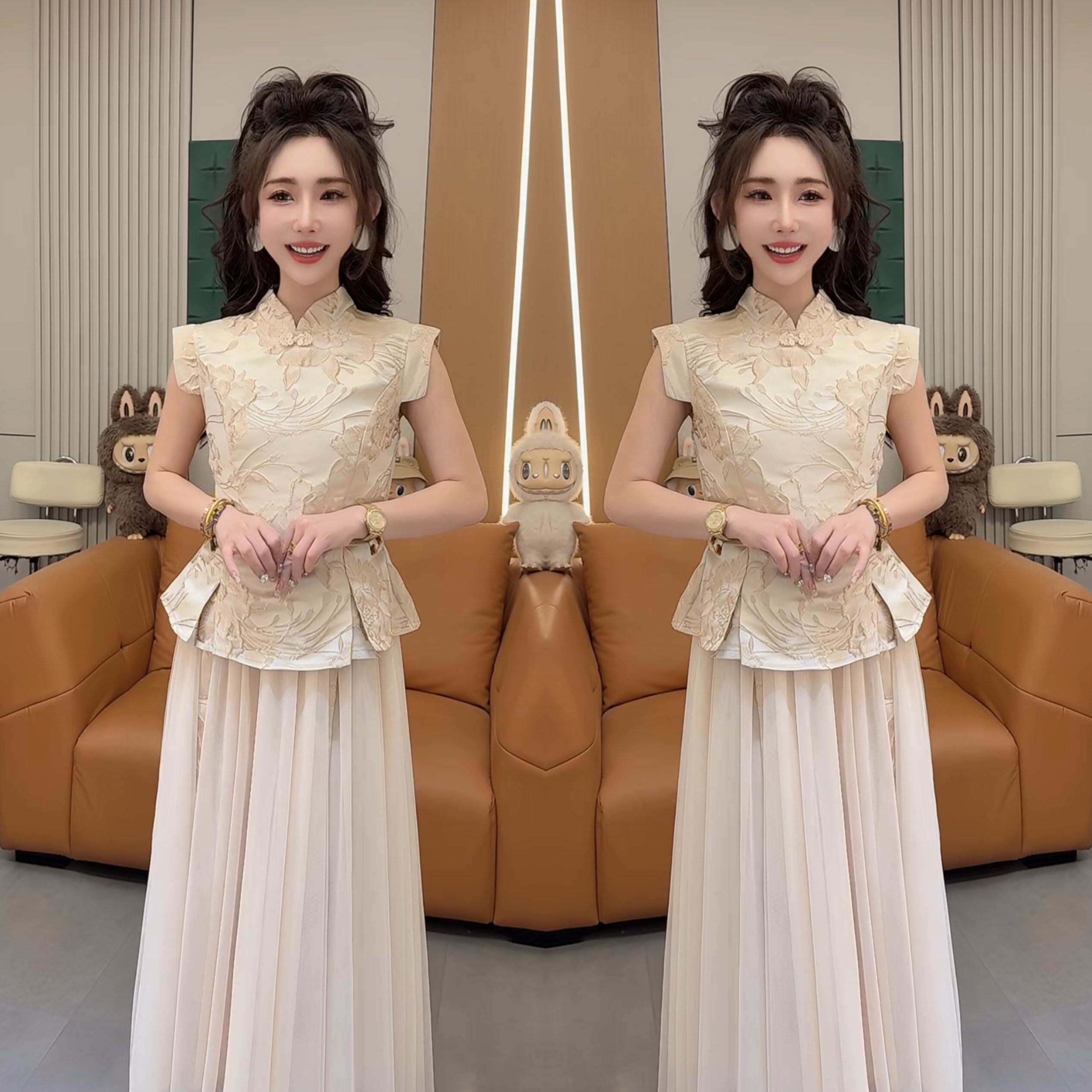 网红爆款时髦夏季新款优雅贵气女装新中式提花显瘦上衣搭配半身裙