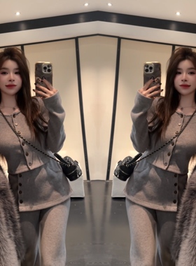 网红冬季灰色休闲运动气质修身长袖无帽上衣搭配显瘦微喇裤两件套