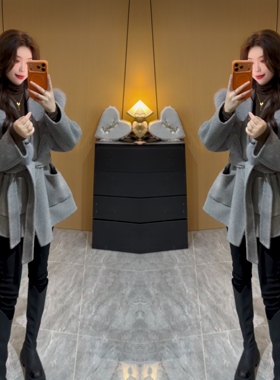 欧洲站女2025冬季爆款灰色系带毛毛风衣短款小众显白遮肉保暖外套