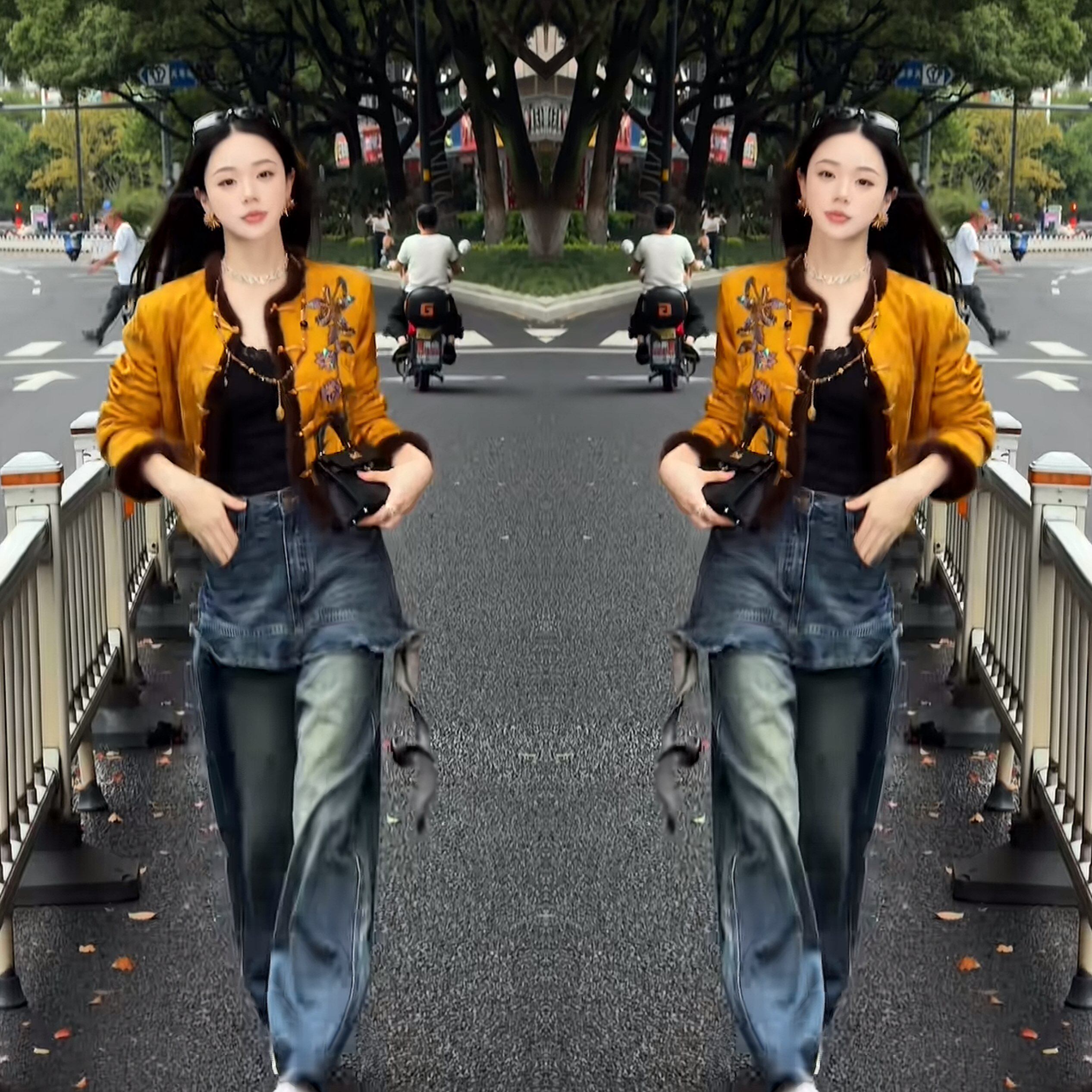 黄色贵气毛毛边提花外套牛仔裤子