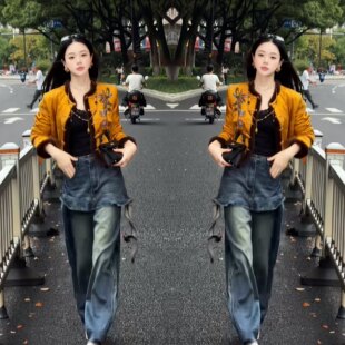 抖音炸街爆款新中式复古优雅精致黄色贵气毛毛边提花外套牛仔裤子