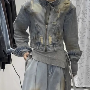 爆款炸街女装2025春季休闲简约嘻哈风牛仔外套撞色阔腿裤时髦穿搭
