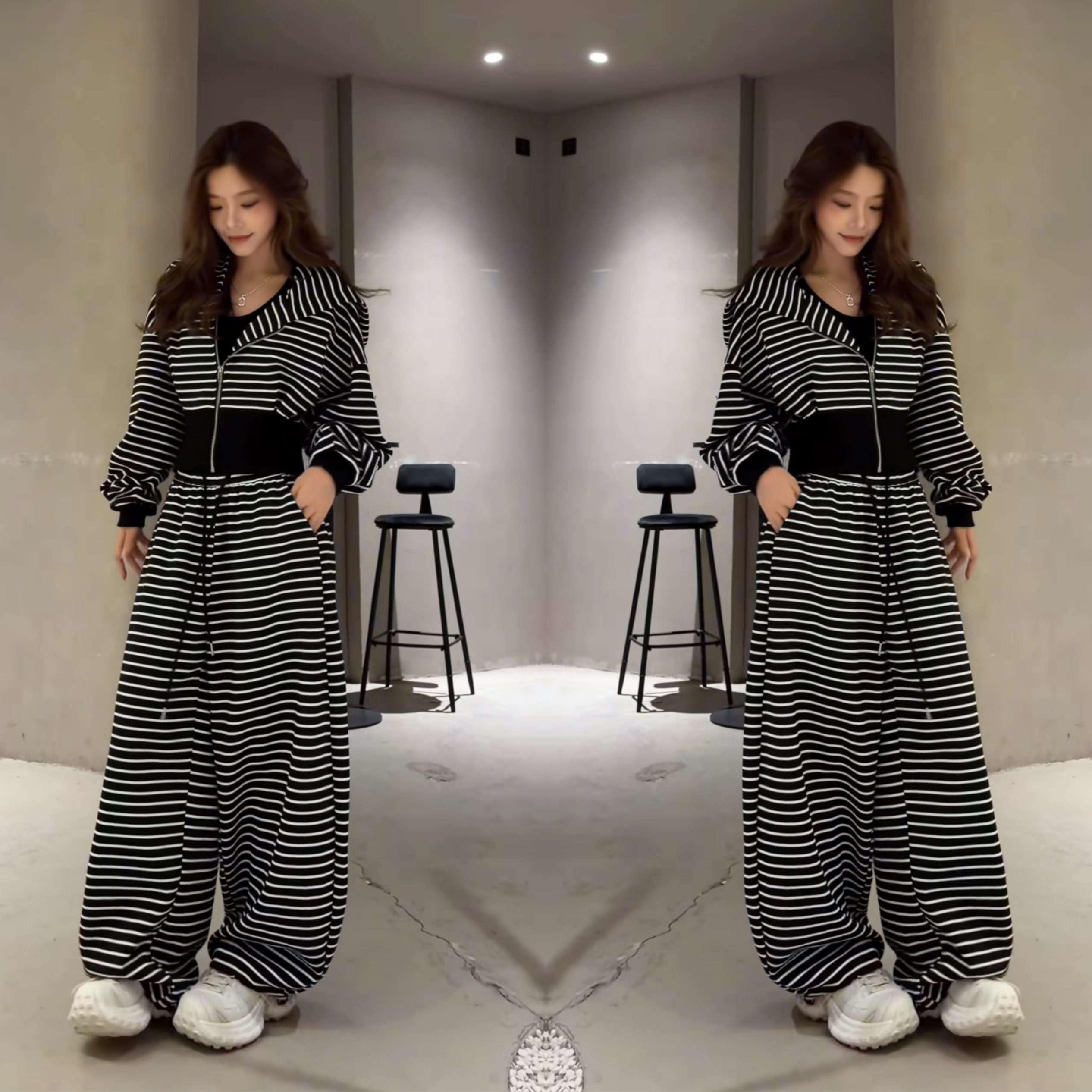 女神条纹撞色连帽慵懒风外套裤子