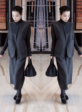 职场办公2025冬季灰色小众开衫马甲搭配高腰七分直筒裤两件套穿搭