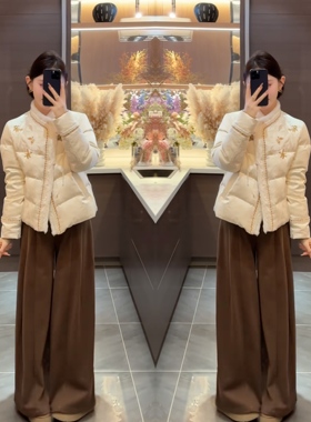 江南风味气质白色刺绣重工保暖长袖勾花棉服外套搭配垂感直筒裤女