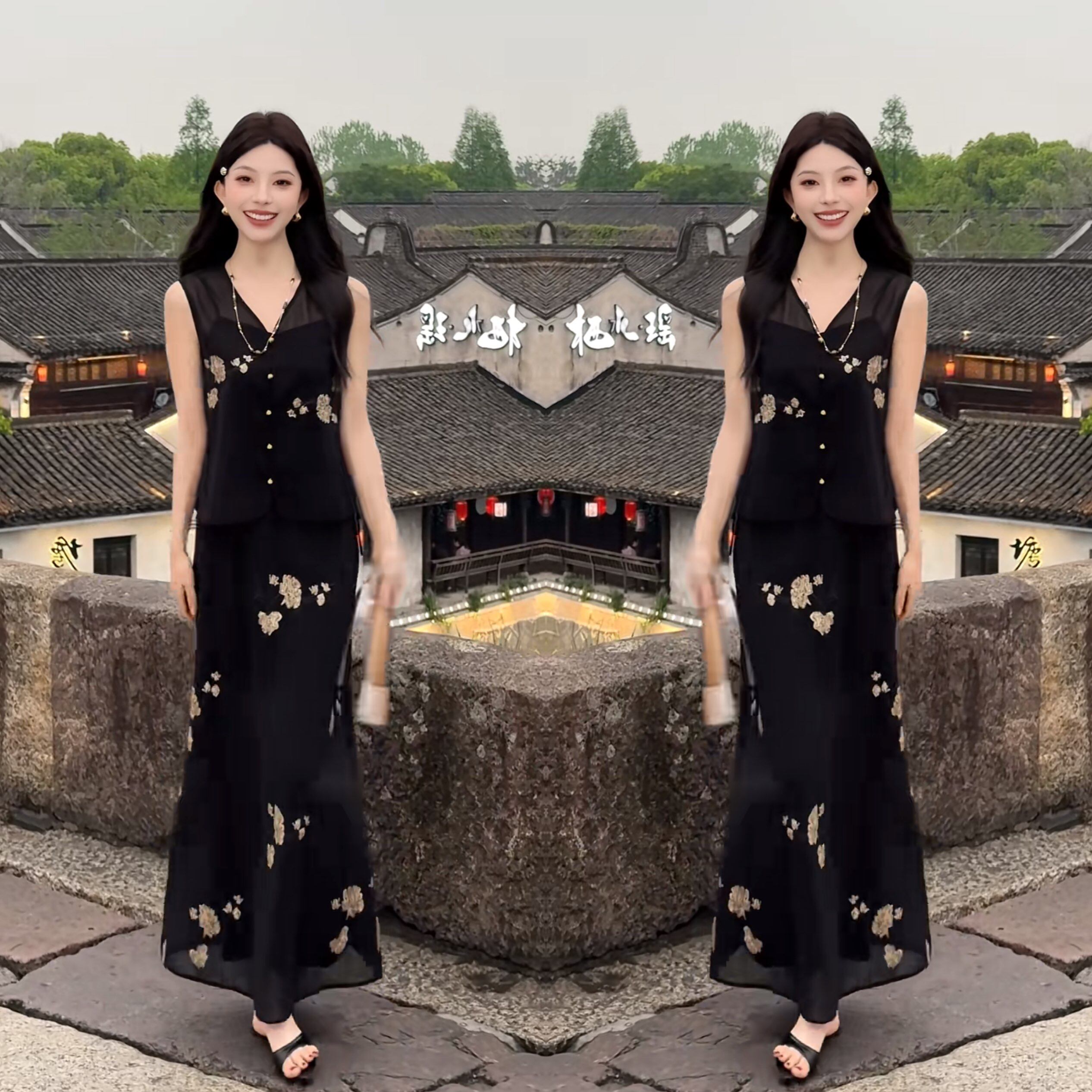 抖音网红爆款时尚夏季新款复古国风优雅无袖宽松上衣搭配半身裙潮