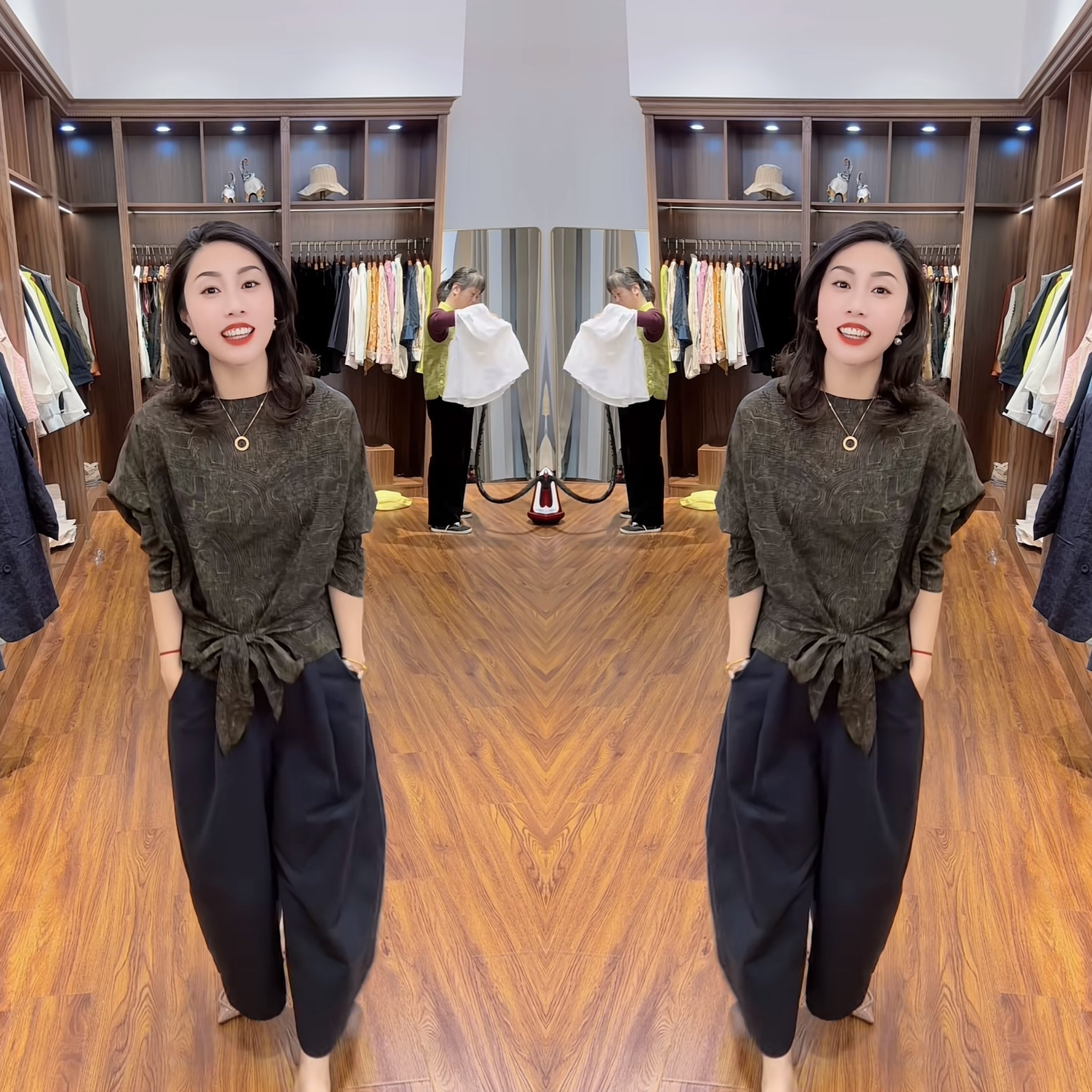 印花复古女装两件套上衣搭配裤子