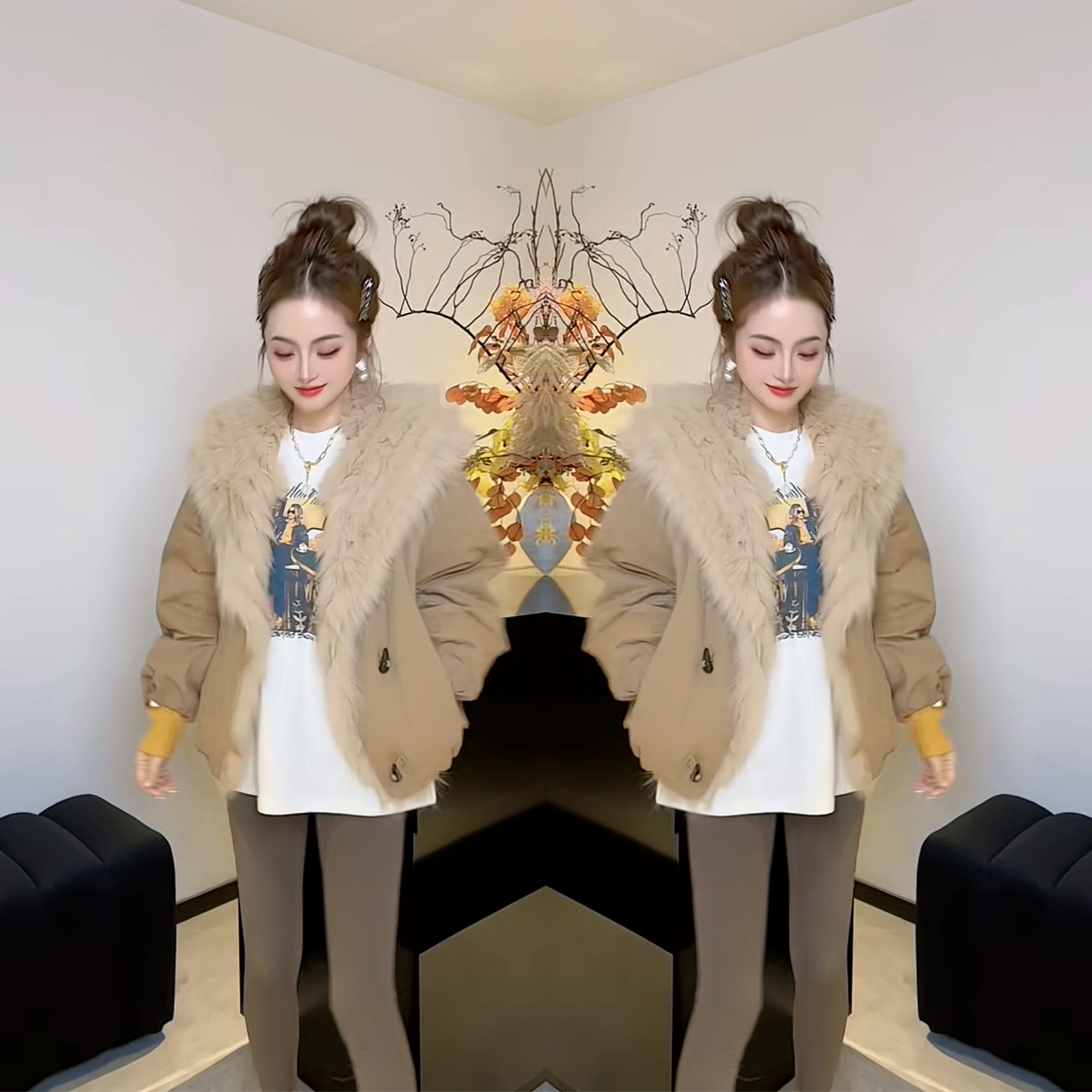 秋冬新款毛毛拼接设计感显瘦外套