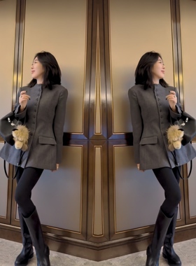 韩系潮流2025冬季名媛风灰色时髦收腰垂感职业办公正肩外套裙穿搭