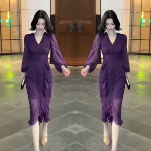 紫色优雅韵味时髦夏季新款长款修身遮肉网红爆款欧货显瘦连衣裙潮