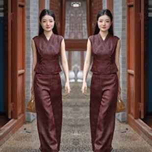 女装修身欧货提花两件套上衣裤子
