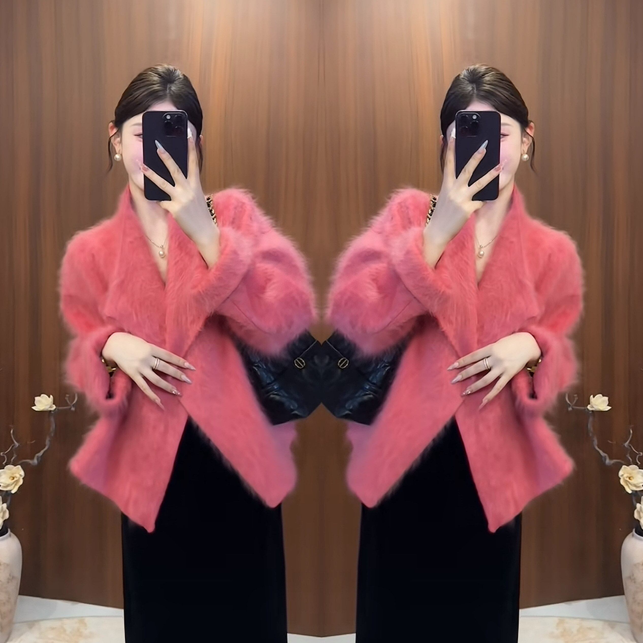 韩版拉毛设计感翻领女士大衣外套