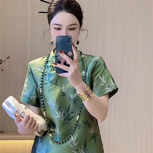 正肩翠绿墨竹洋气显白连衣裙