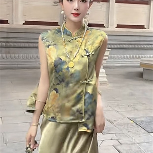 江南风味气质独特绿色清新盘扣文艺斜襟上衣搭配垂感百搭半身裙夏