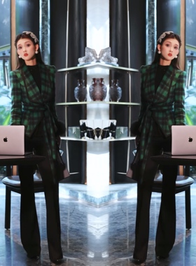 港式轻奢绿色格子设计感收腰系带短款外套搭配修身显瘦长裤两件套