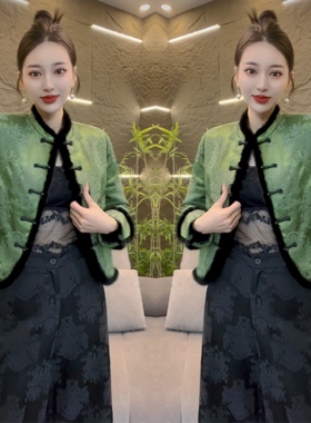 网红爆款绿色优雅轻奢高贵盘扣韵味提花设计感毛边外套小众减龄风