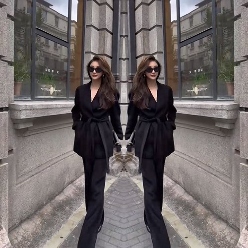 系带外套搭配高腰直筒裤潮