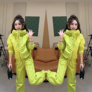 2026春季休闲运动荧光绿清新连帽宽松年轻靓丽外套高腰直筒裤女装