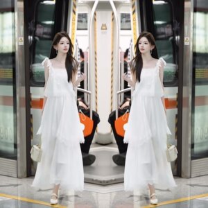 温柔风韩版网纱长款无袖连衣裙潮