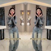 拼接牛仔上衣搭配高腰直筒裤 修身 高级感 炸街春季 2026轻奢网红爆款