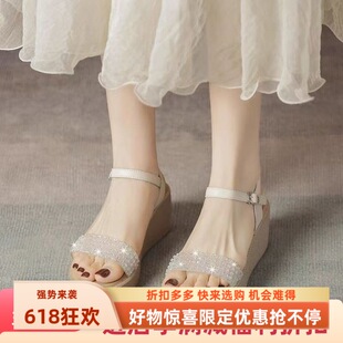 女款 一字带高跟鞋 2025新款 外穿女士不累脚罗马鞋 夏季 坡跟凉鞋