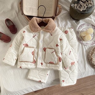 宝宝冬季睡衣熊头印花2026新款男女童保暖加厚翻领卡通居家服套装