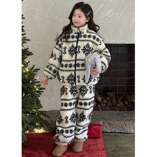 女大童家居服2026新款羊羔毛印花保暖套装加绒加厚外穿睡衣两件套