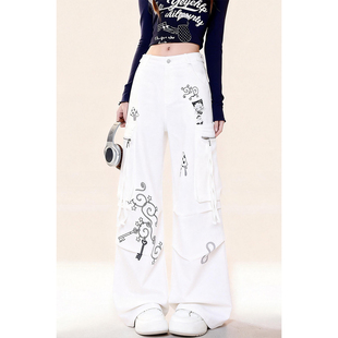 ZRSEE 美式街头设计感白色牛仔裤女阔腿直筒亚比风卡通印花裤子