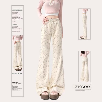 原创复古小碎花休闲微喇叭裤女